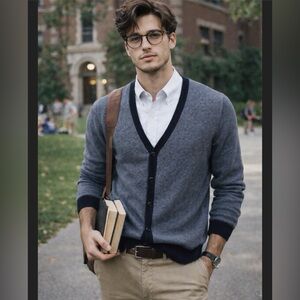 21Men Cardigan Sweater Black & Navy Mens M 100% Cotton V Neck Soft Classic Style